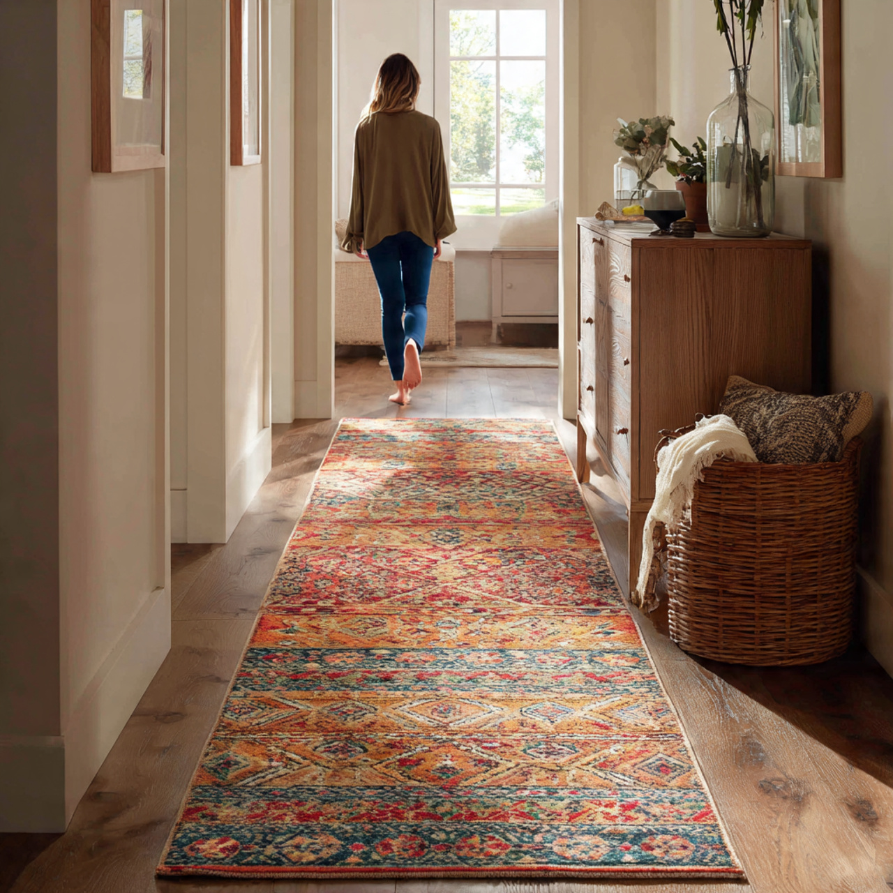 entryway featuring a vibrant patterned runner rug