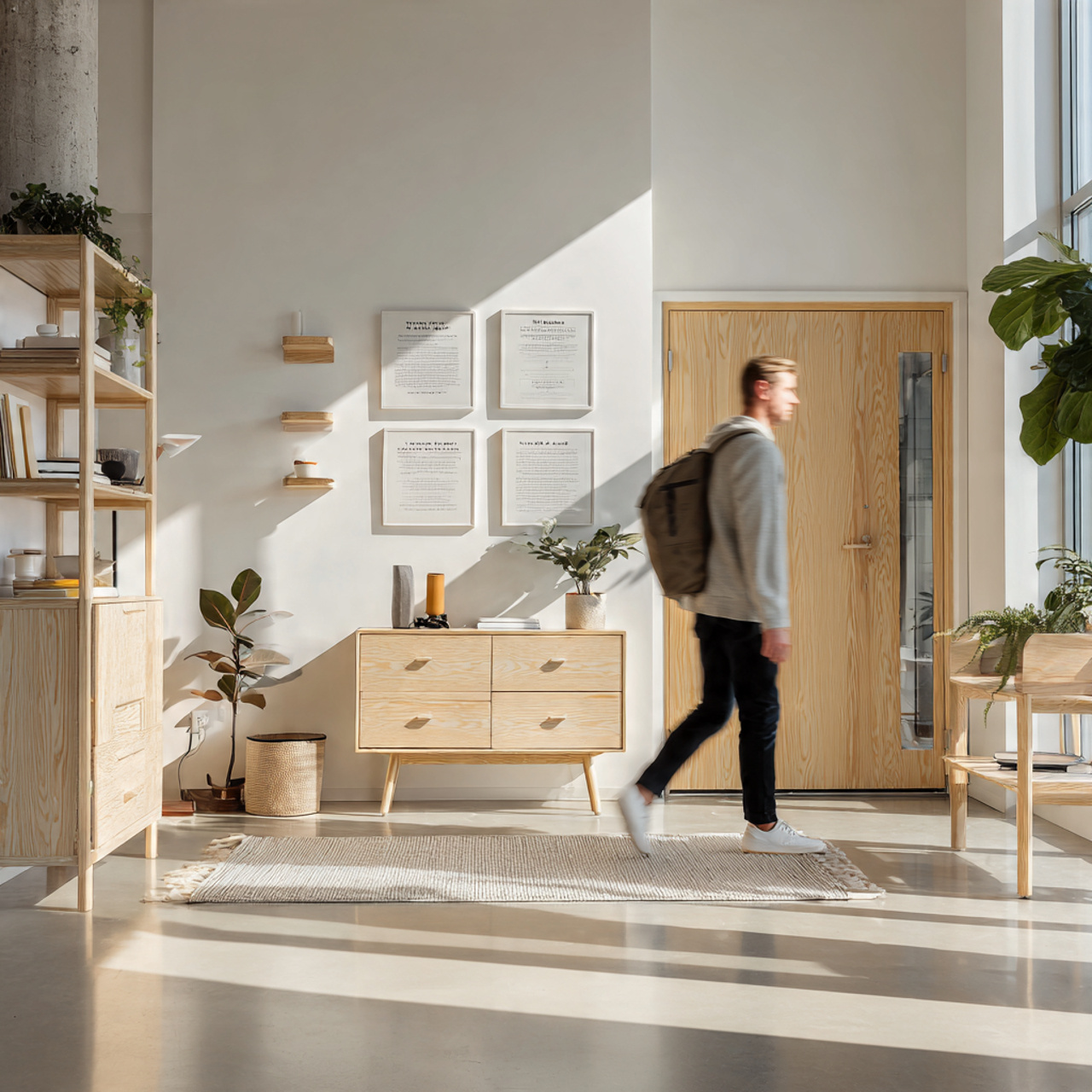 entryway featuring scandinavian style with light w