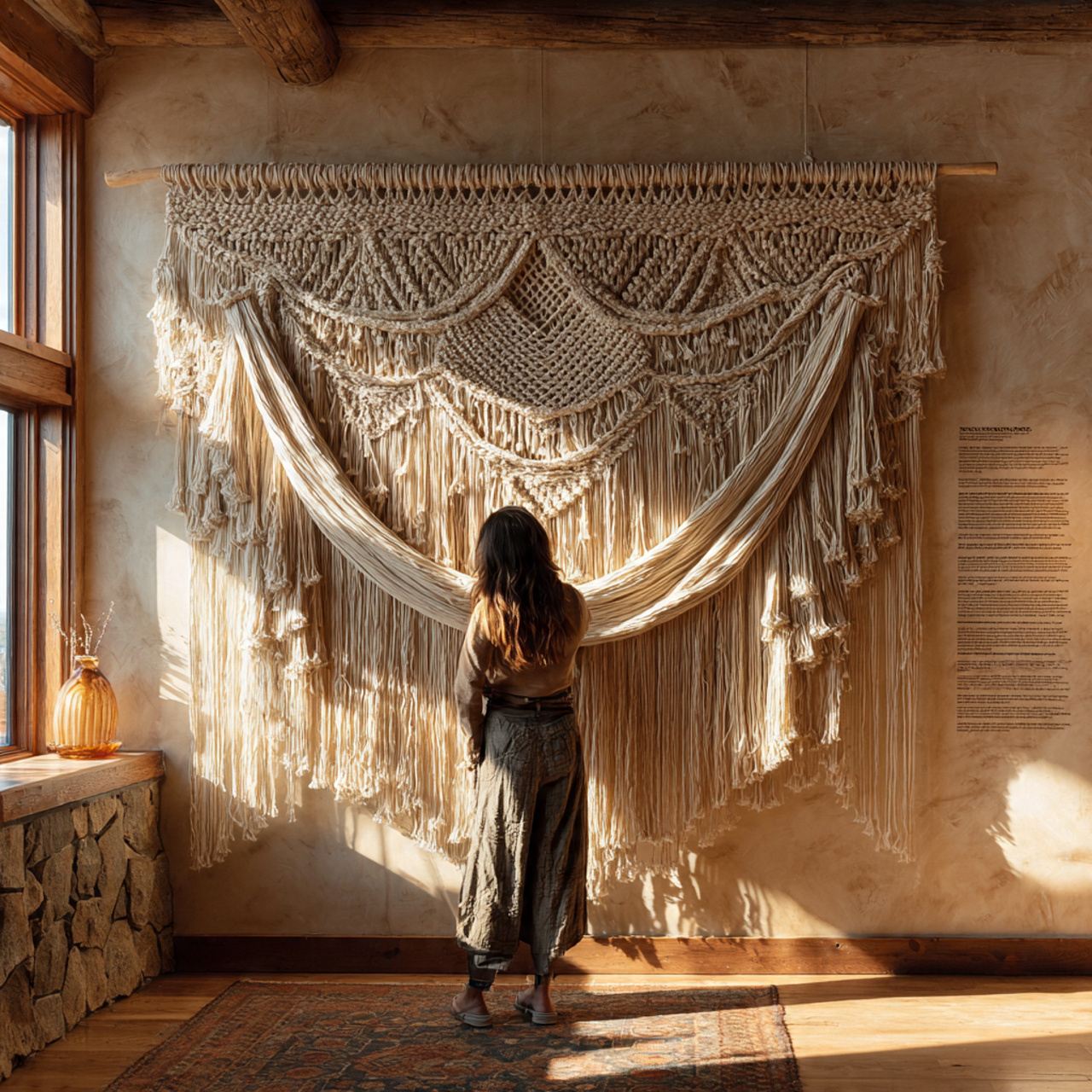 entryway with a large bohemian macrame wall hangin