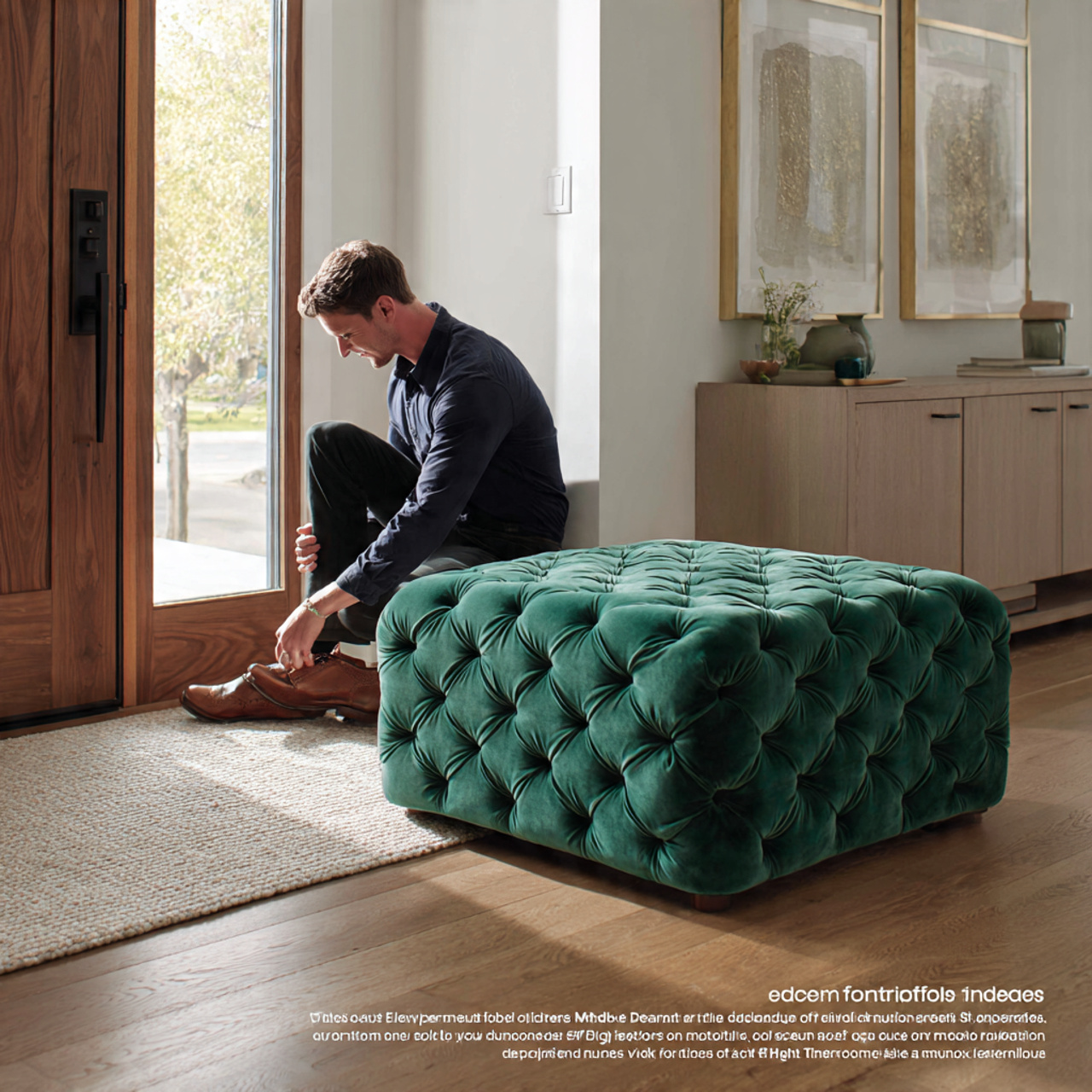 entryway with a plush jewel toned velvet ottoman e