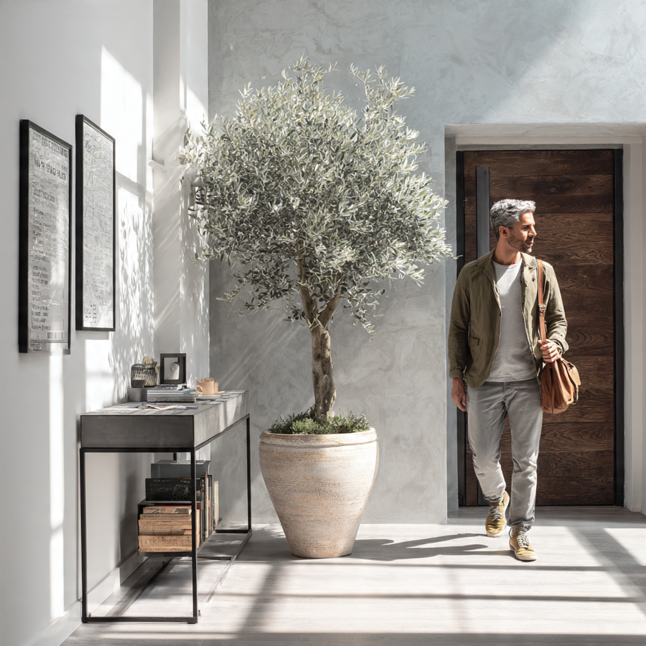 entryway with a tall indoor potted olive tree in a