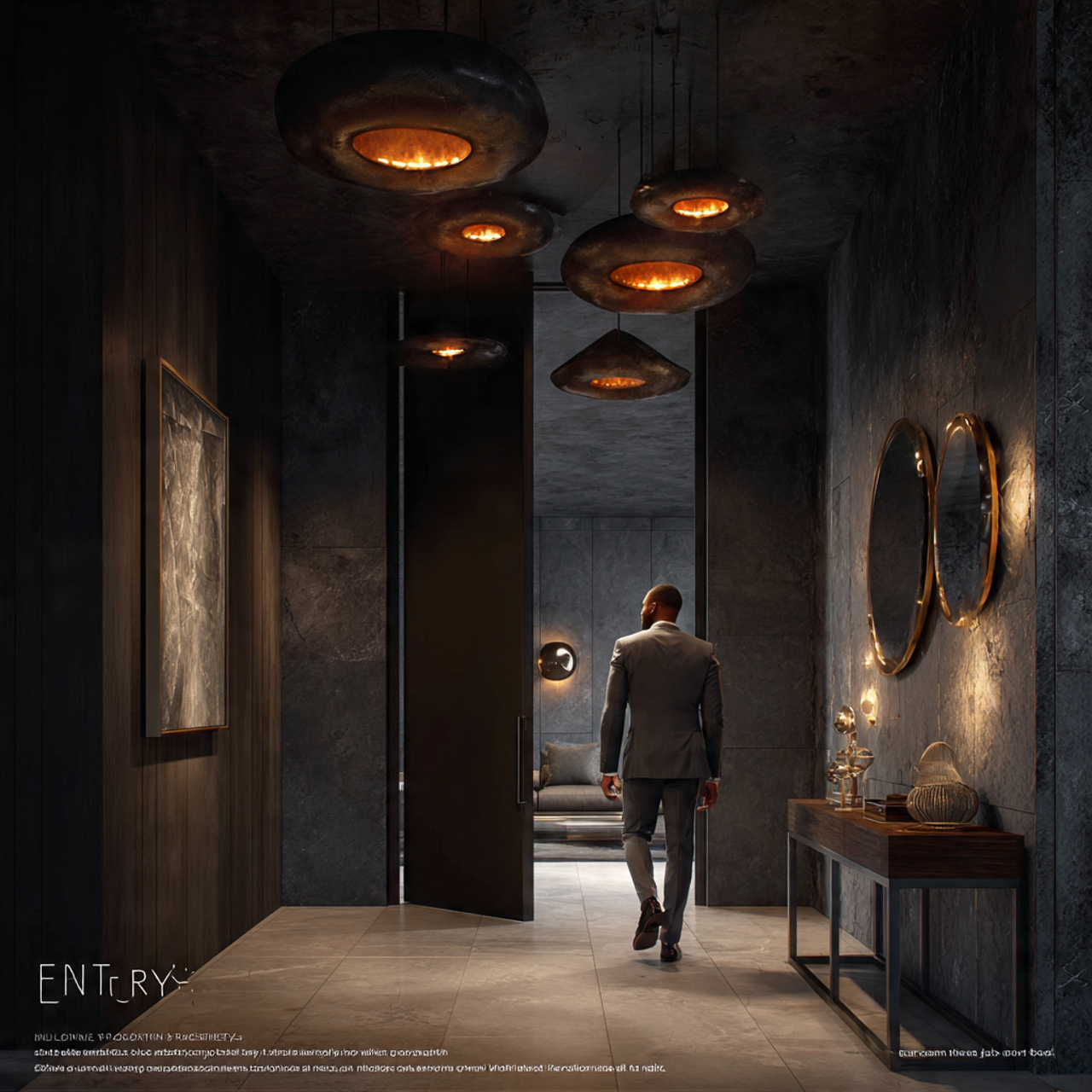 entryway with dark charcoal walls and ceiling dram