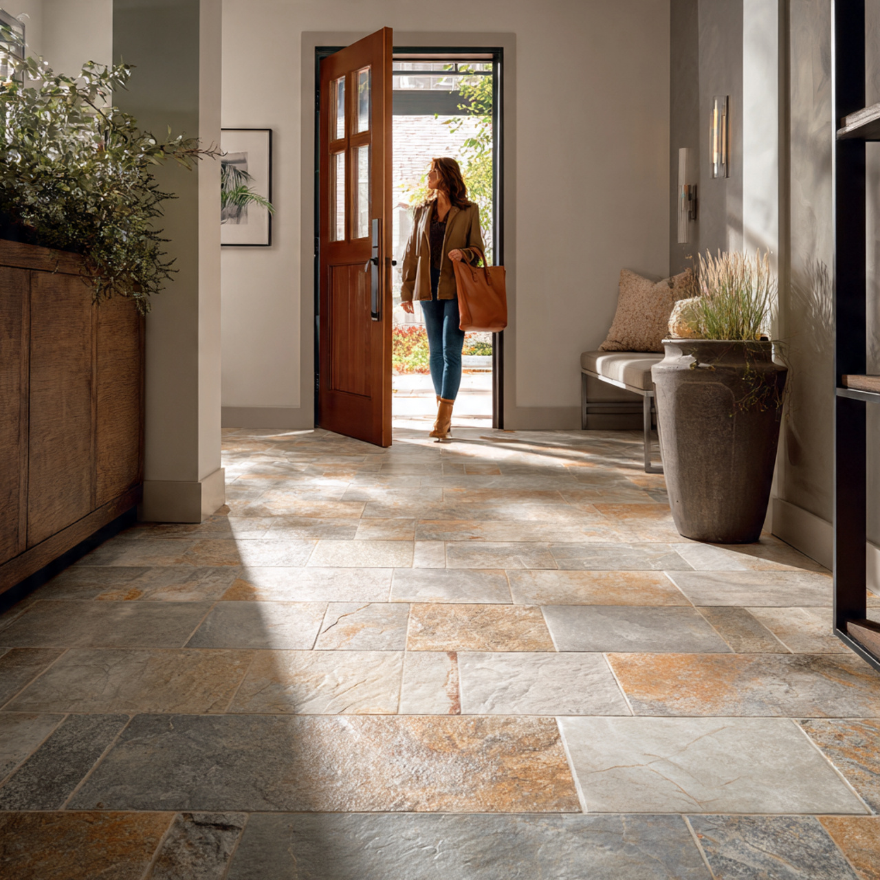 entryway with natural stone flooring in slate and 1 1