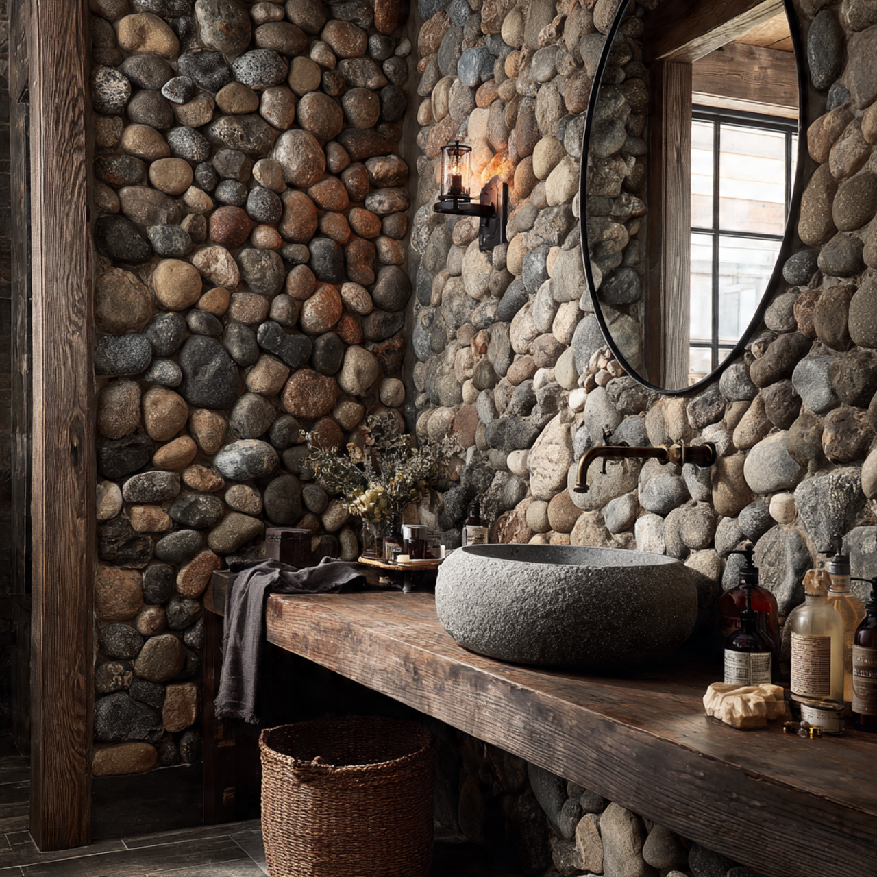 fieldstone feature wall for rustic bathroom decor