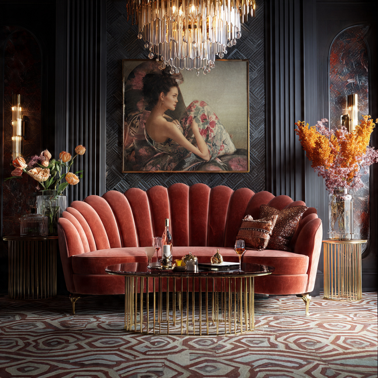 glamorous art deco living room featuring a scallop