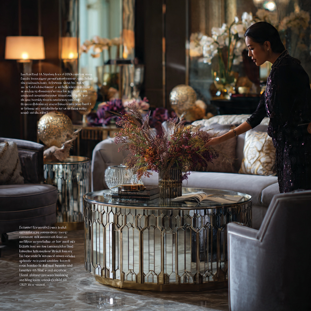 glamorous living room featuring a mirrored art dec