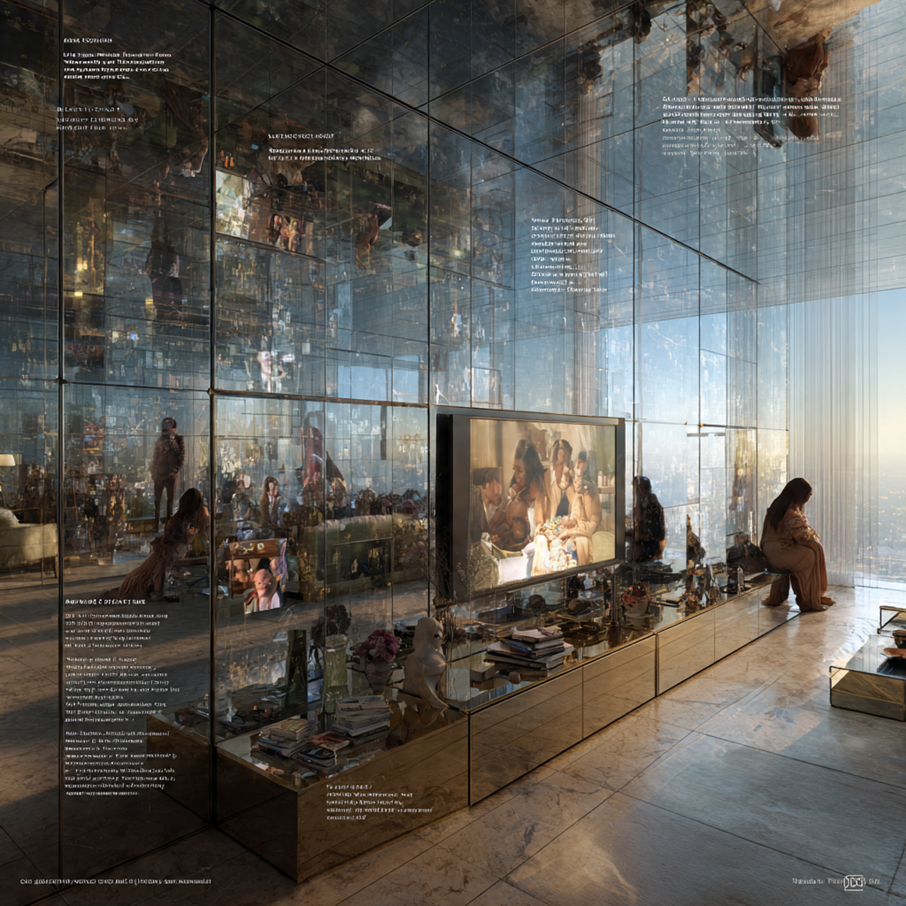 high glam living room with floor to ceiling mirror