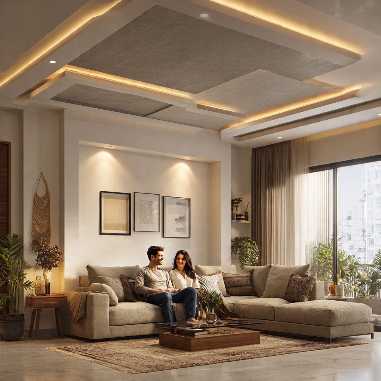 highly detailed living room with a double tray fal