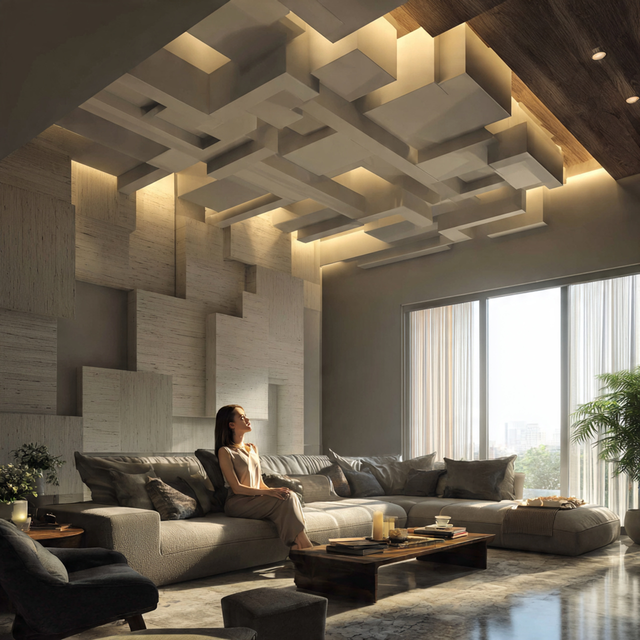 highly detailed modern living room featuring a mul