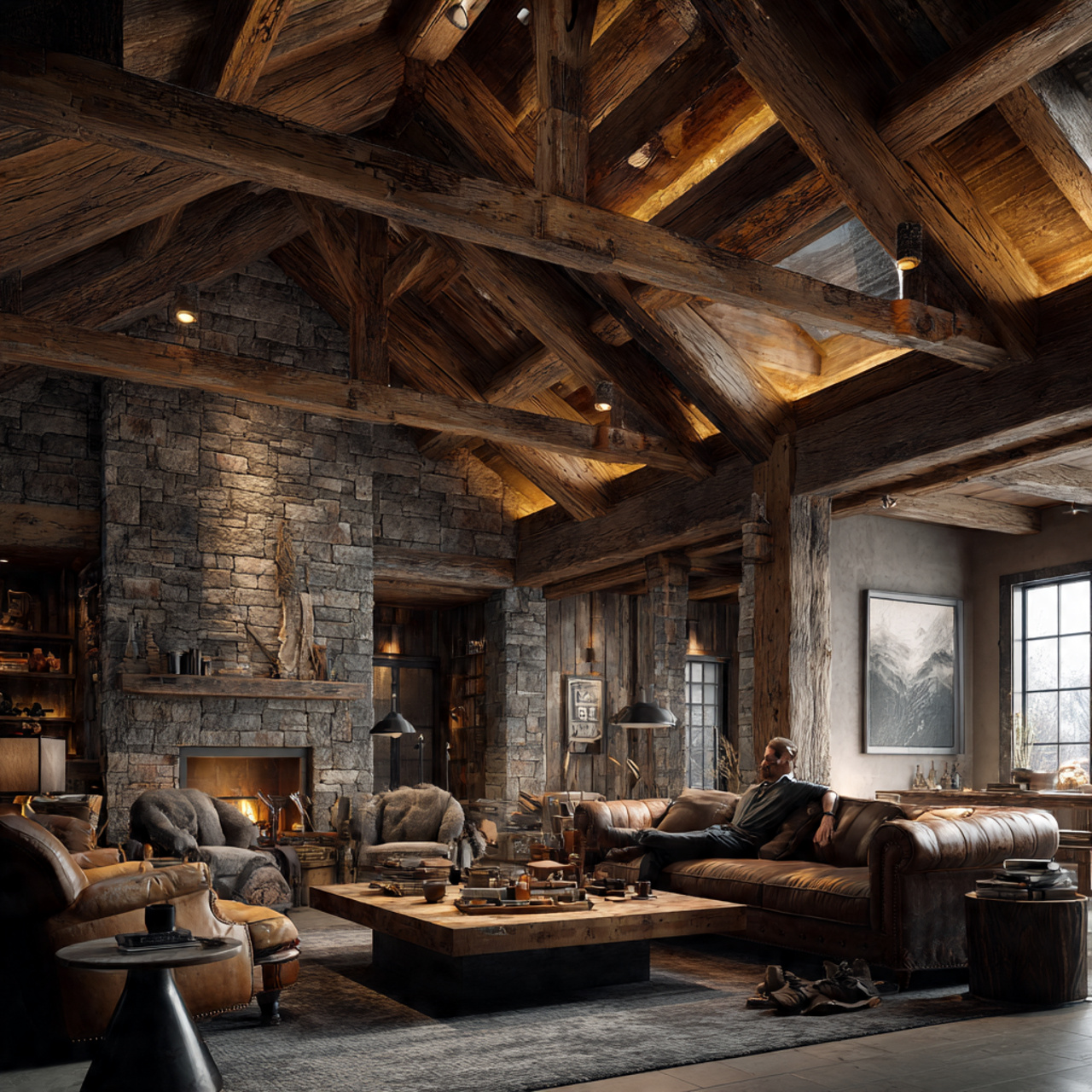 highly detailed rustic living room with exposed re 1