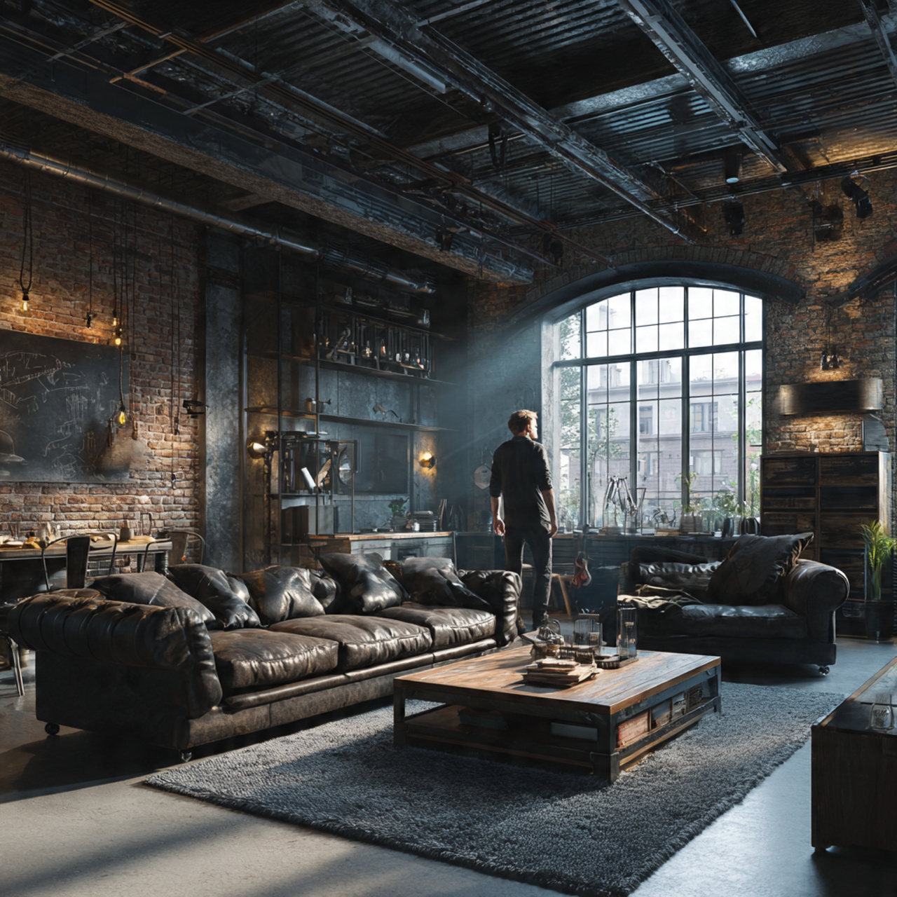 highly detailed urban loft living room with a fals