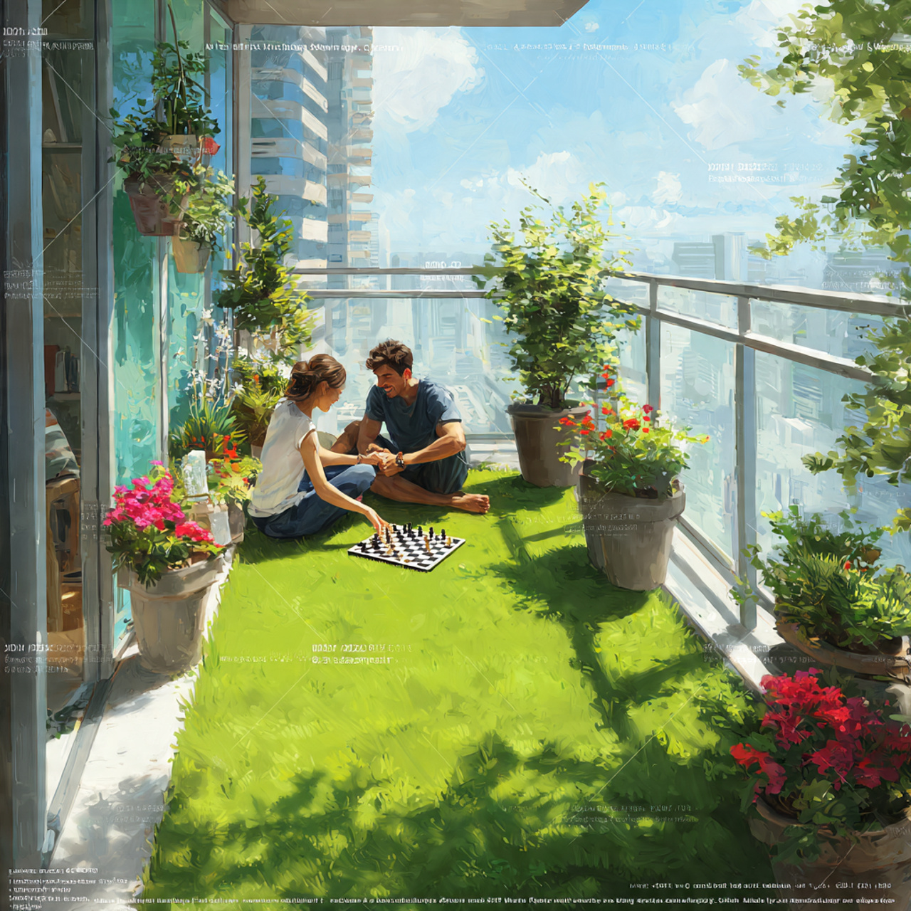 highly realistic balcony with deep green faux gras