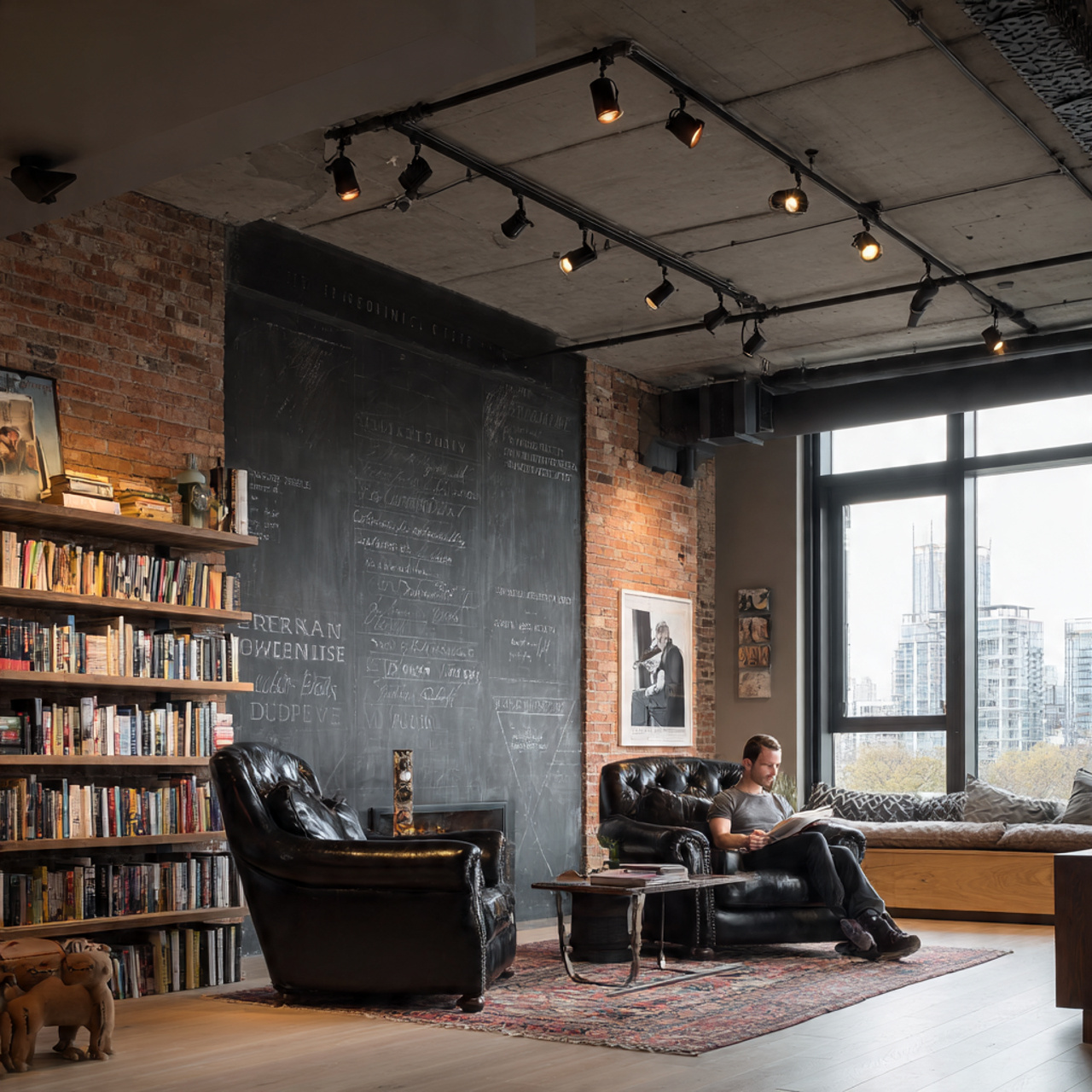 industrial style loft living room with black track
