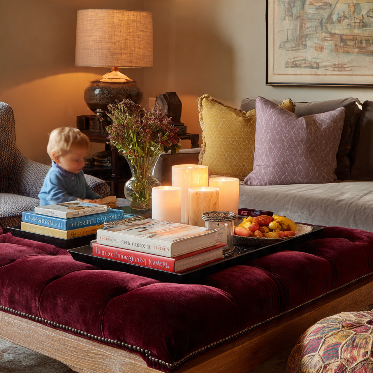 inviting living room with a large upholstered otto