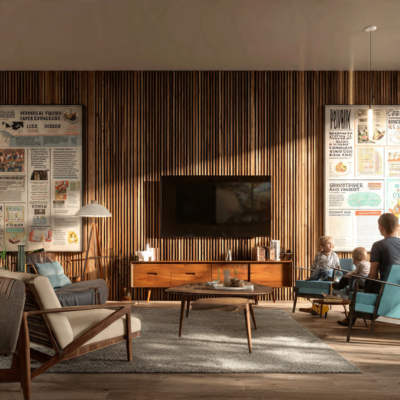 living room featuring mid century modern slatted w