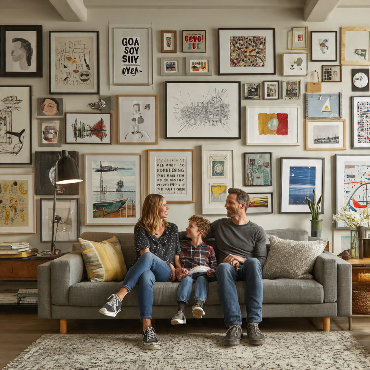 living room with a dynamic gallery wall featuring