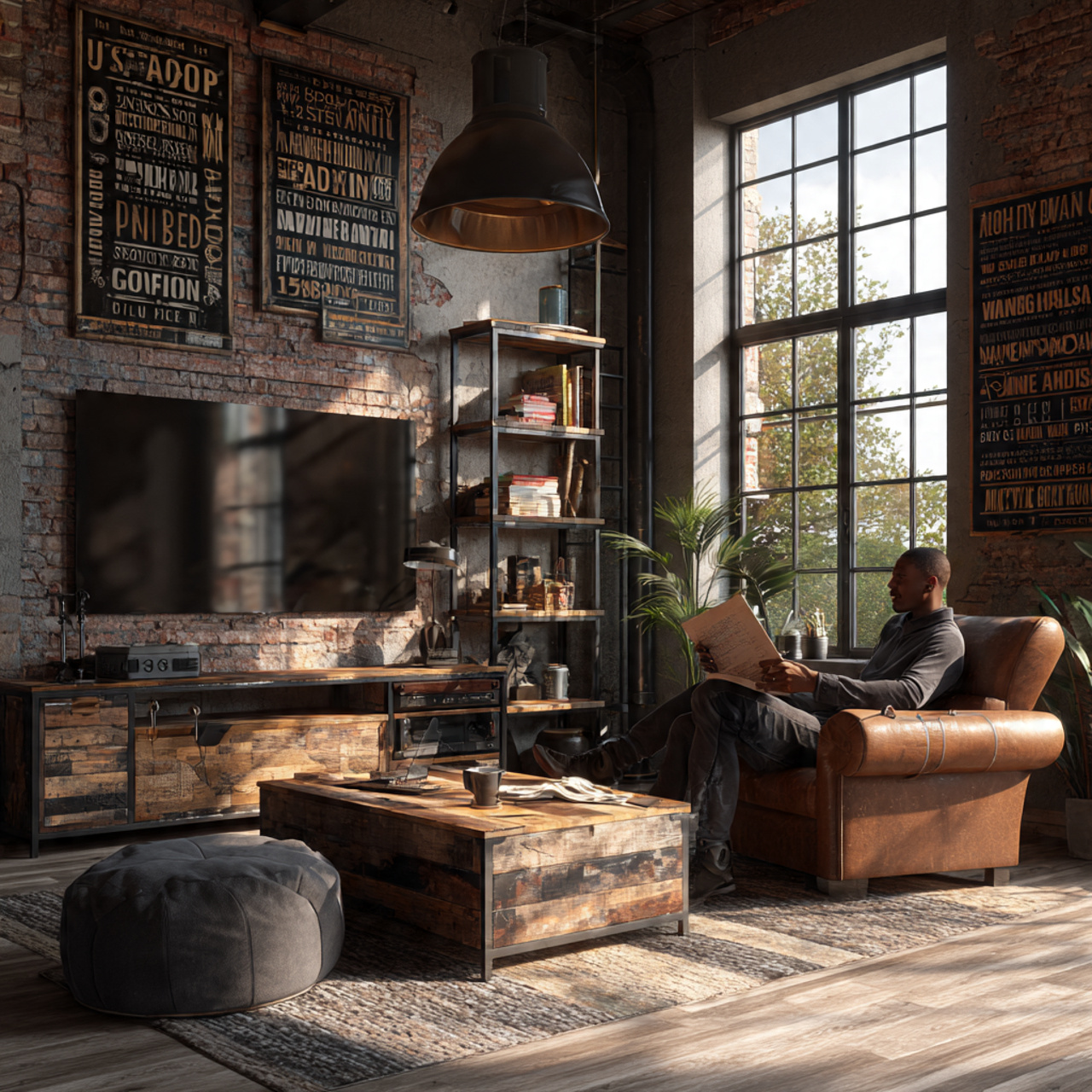 loft style living room with industrial metal and r