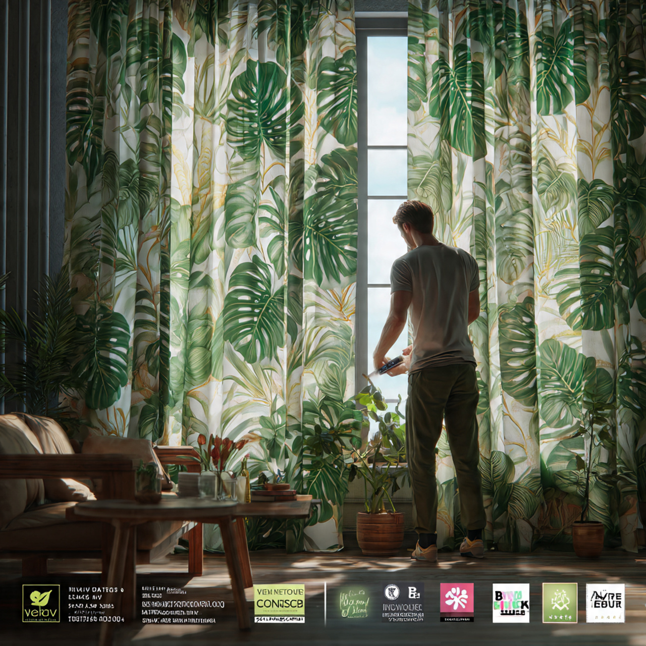 lush living room with tropical leaf botanical prin