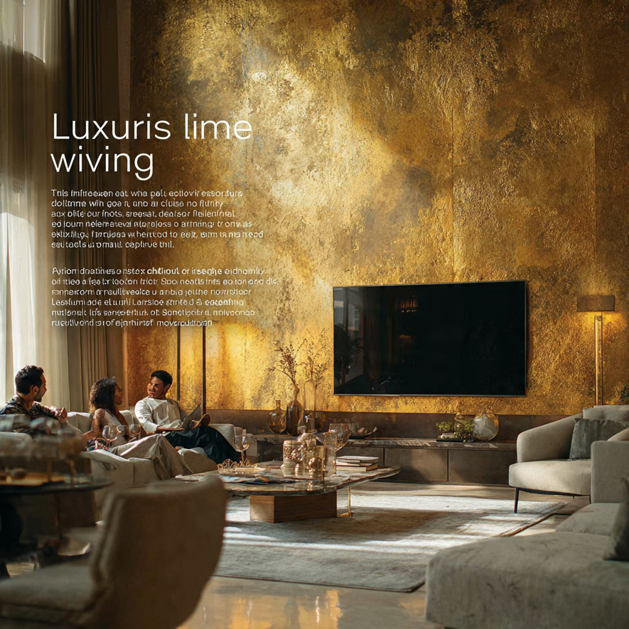 luxurious living room with a metallic gold leaf st