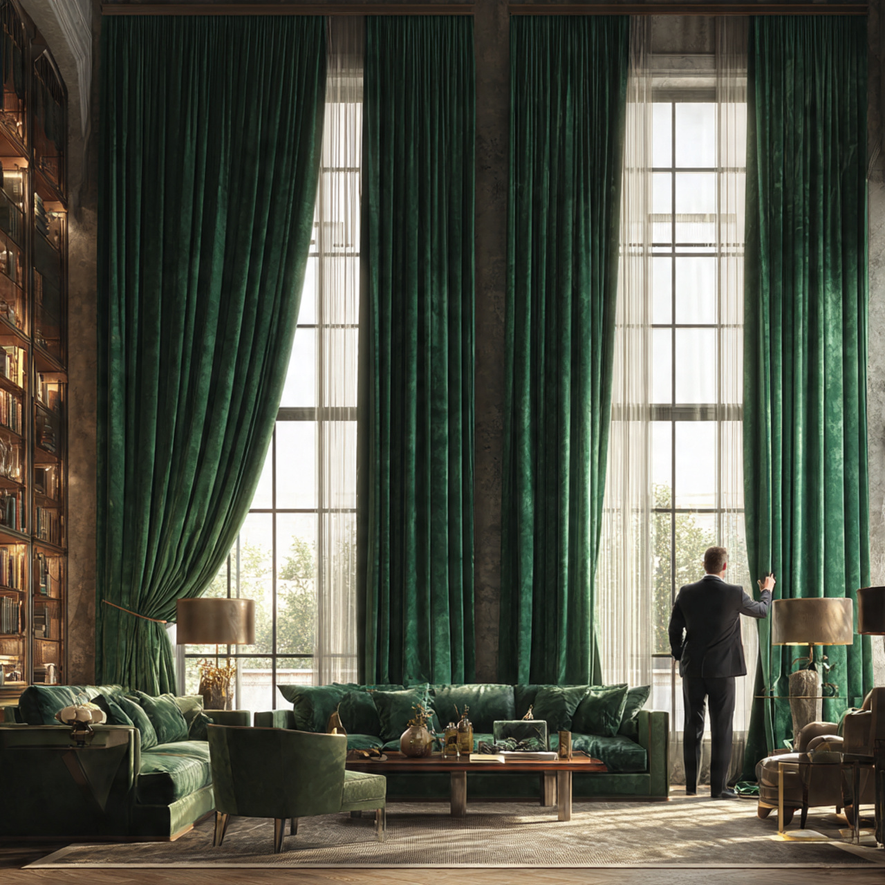 luxurious living room with emerald velvet dramatic