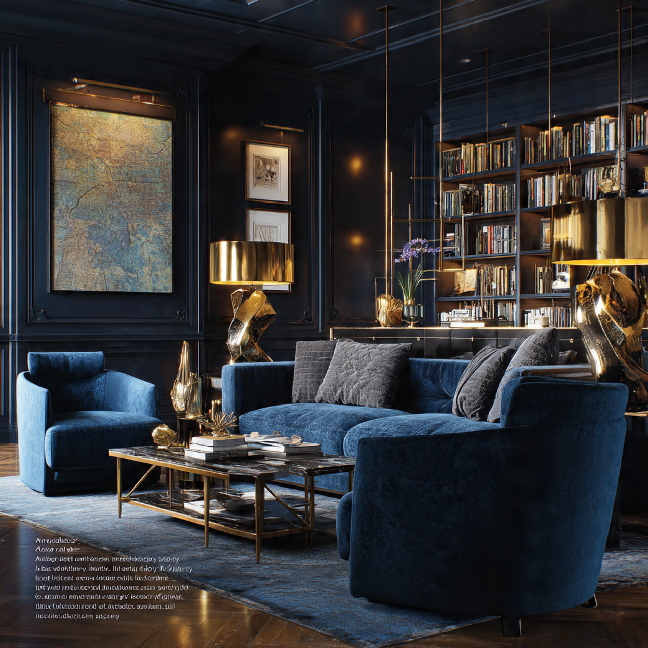 luxurious living room with midnight blue velvet pi