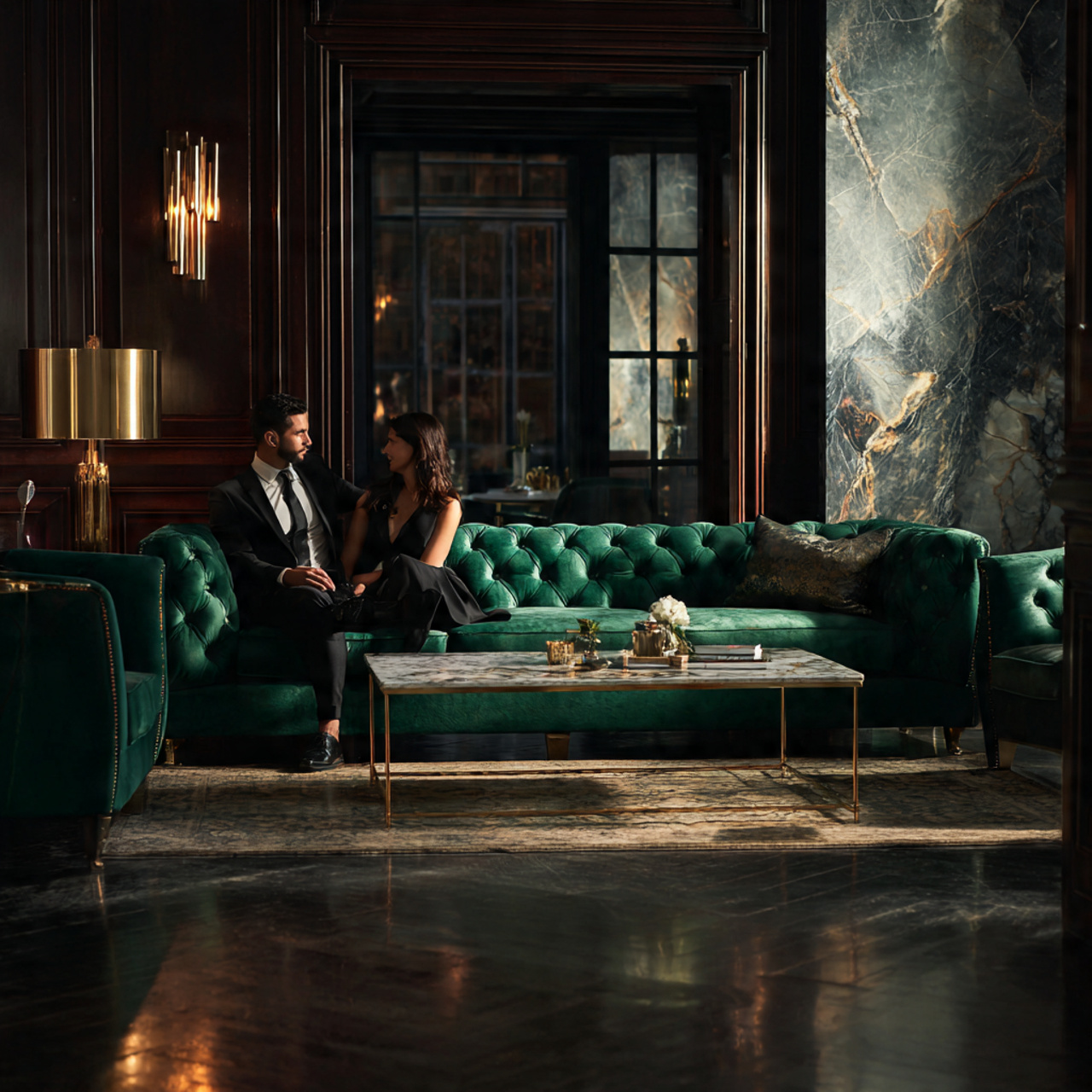 luxury living room featuring a deep emerald velvet