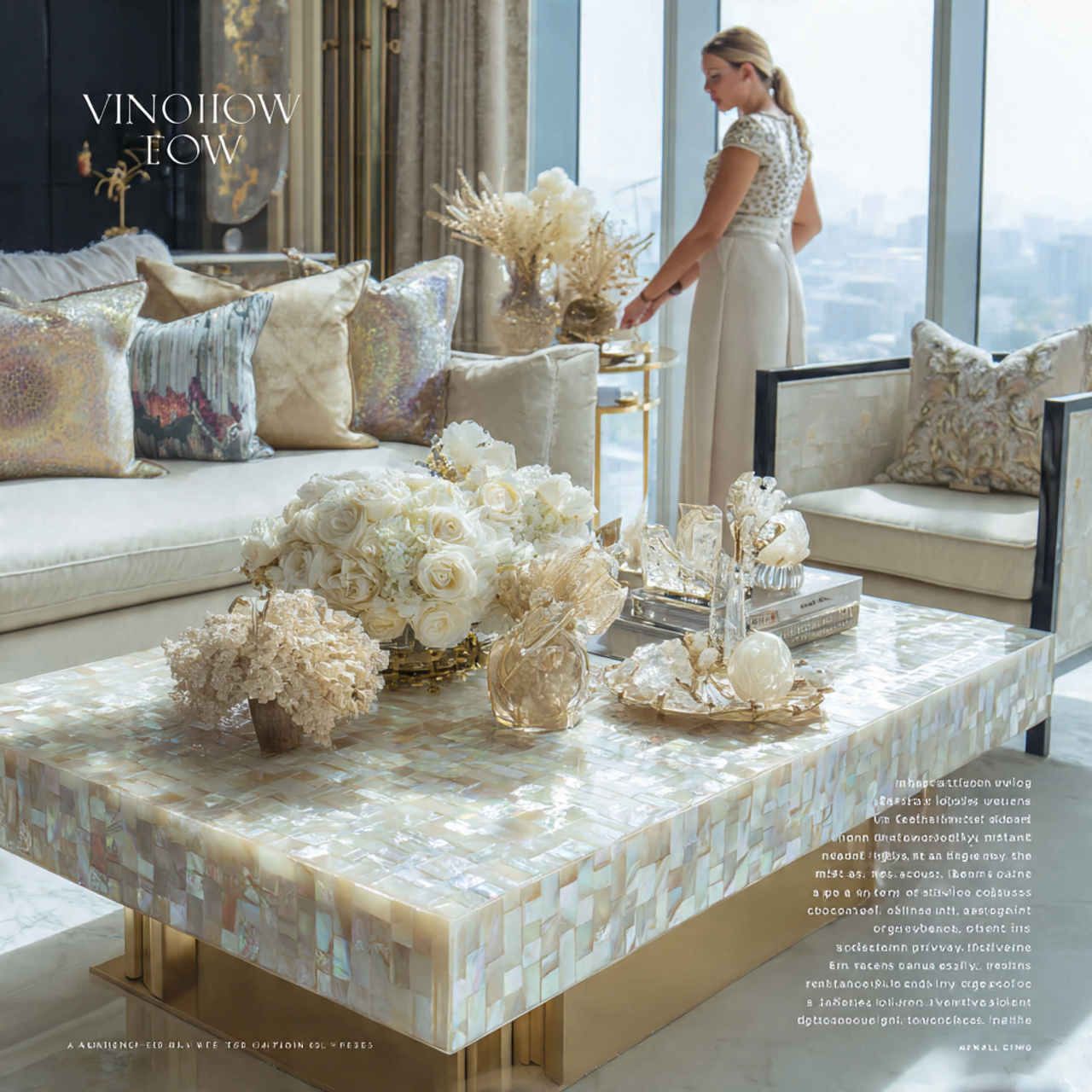 luxury living room featuring a table with inlaid m