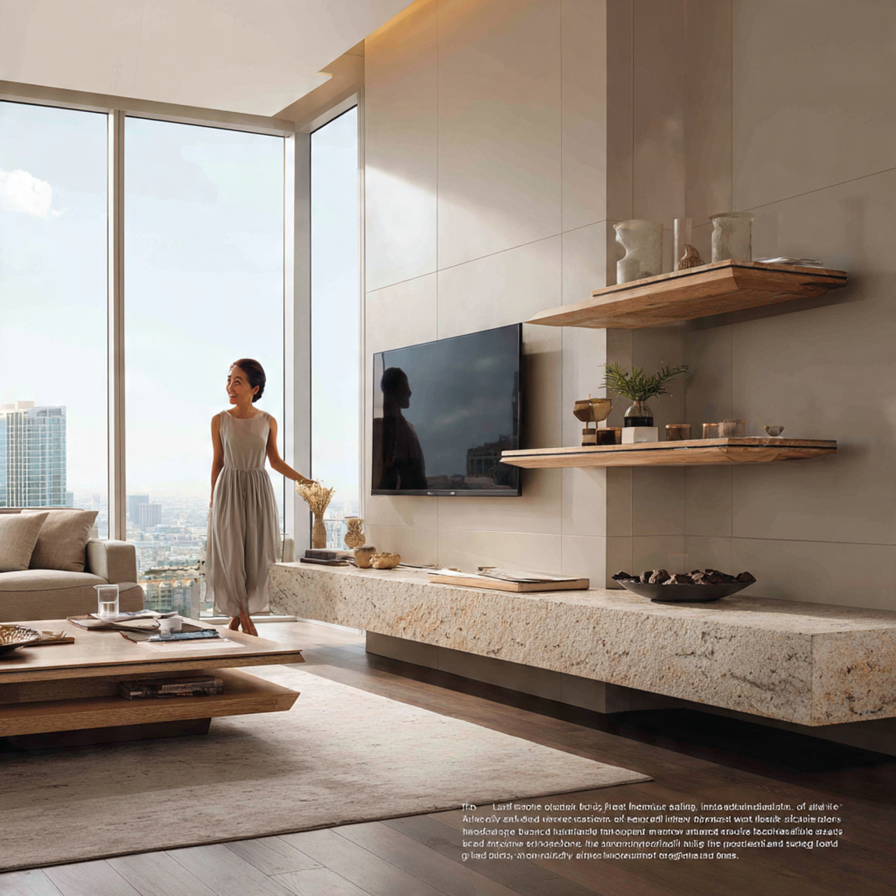 luxury living room with a floating stone plinth me