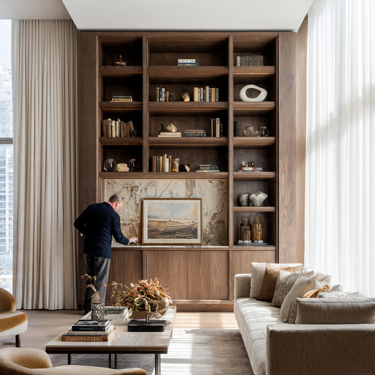 luxury living room with a floor to ceiling built i