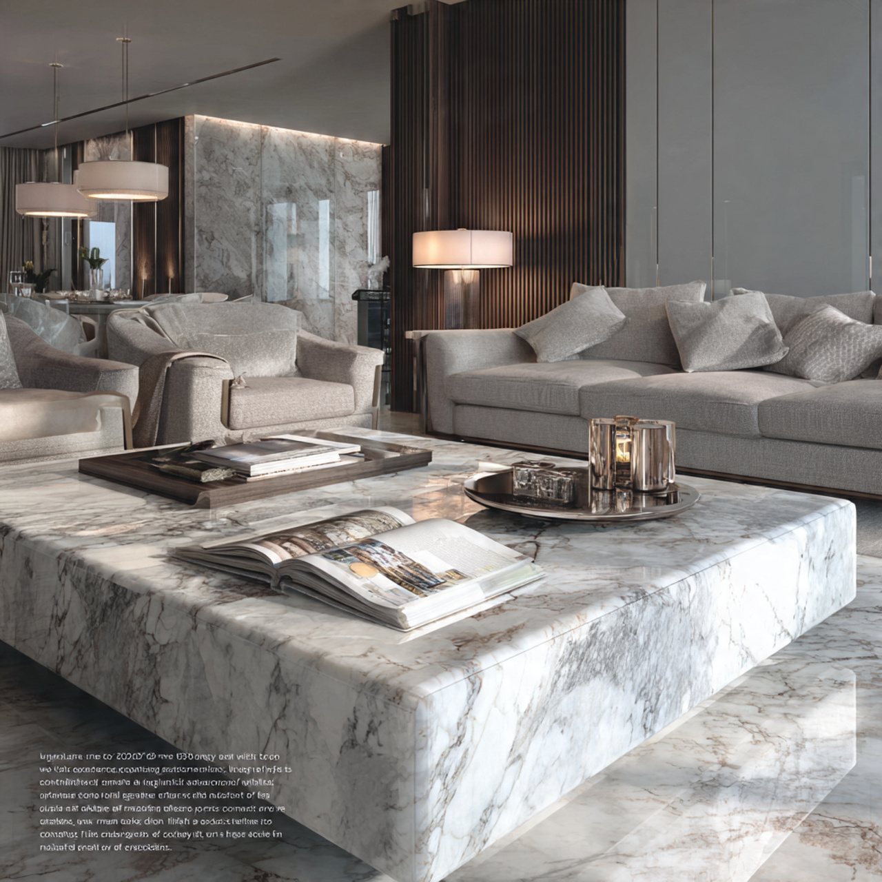luxury living room with a polished marble slab tab