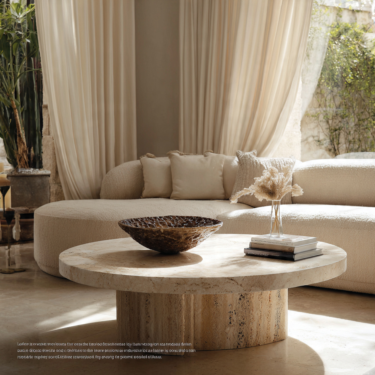 luxury living room with a travertine pedestal tabl