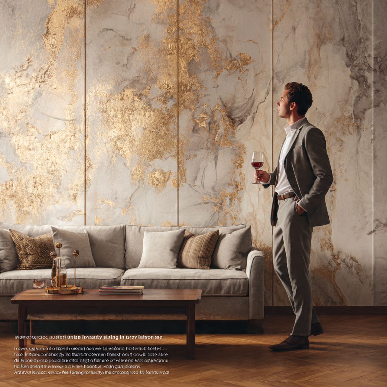 luxury living room with subtle metallic gold leaf