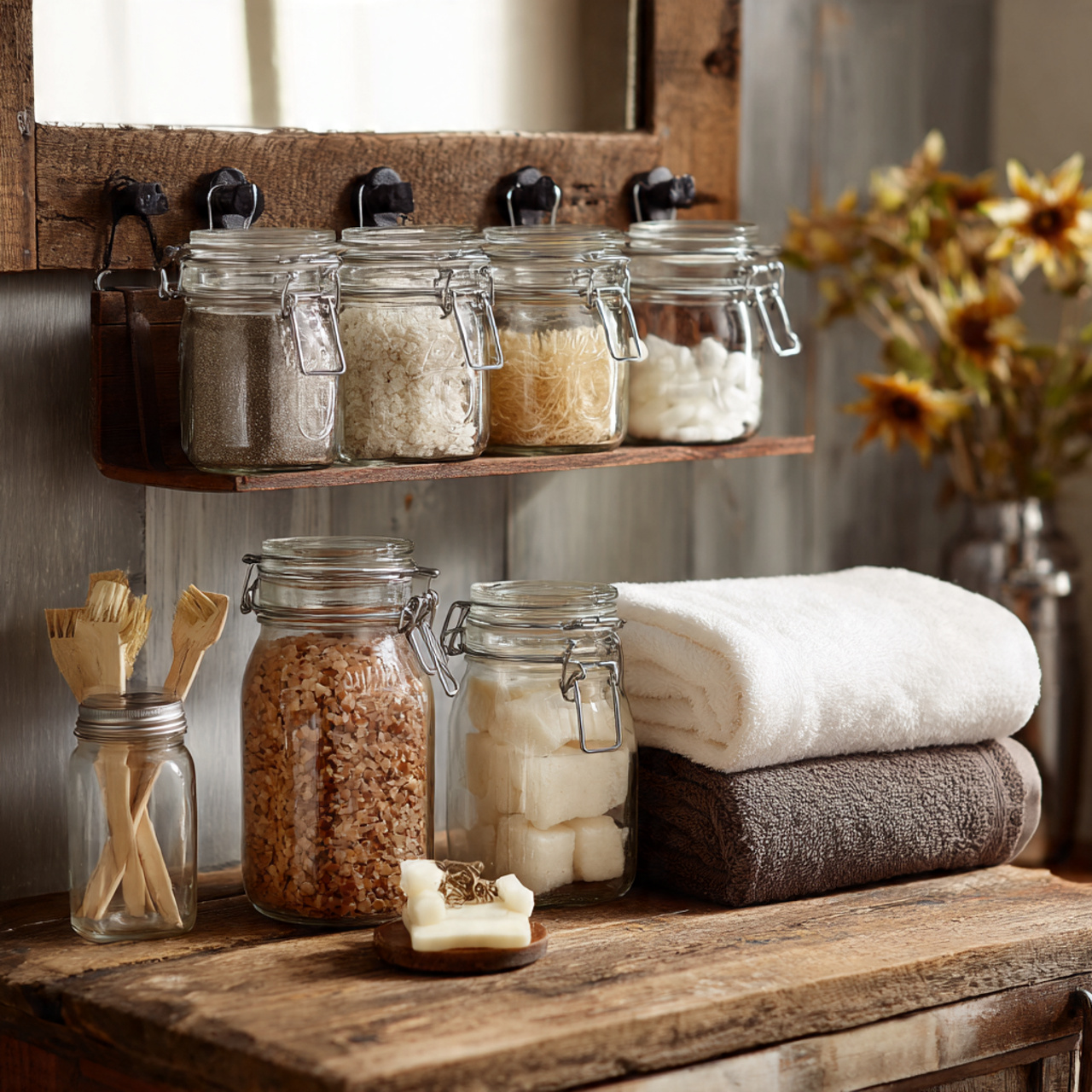 mason jar storage organizers in rustic bathroom de