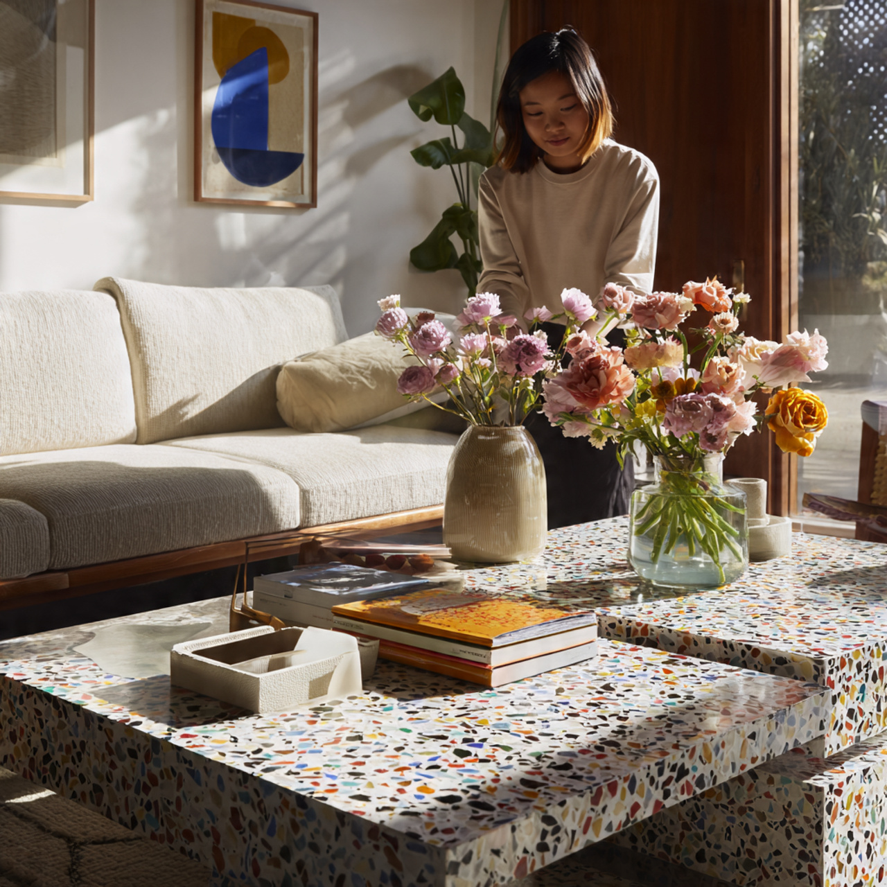 mid century modern living room featuring a geometr