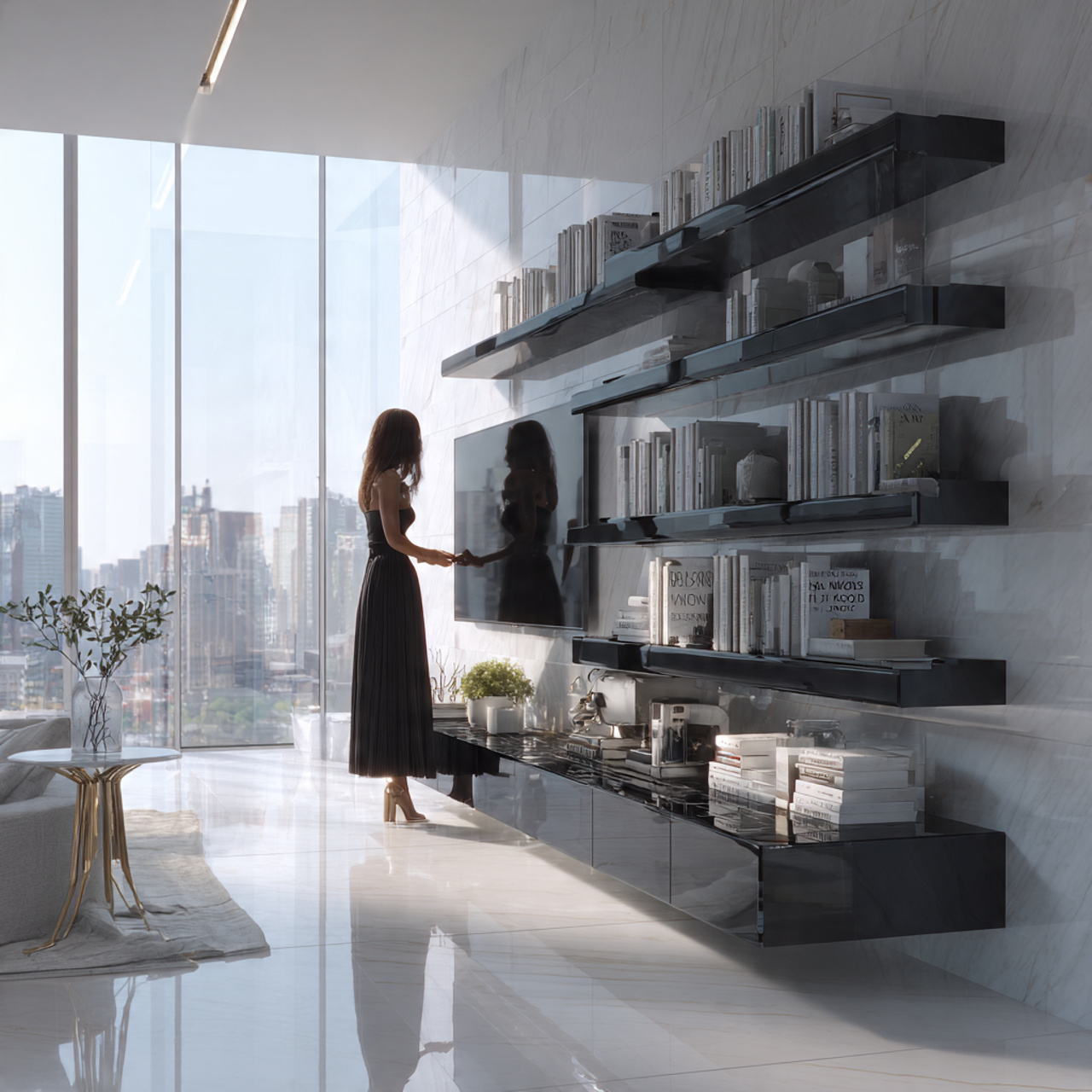 minimalist contemporary living room with high glos