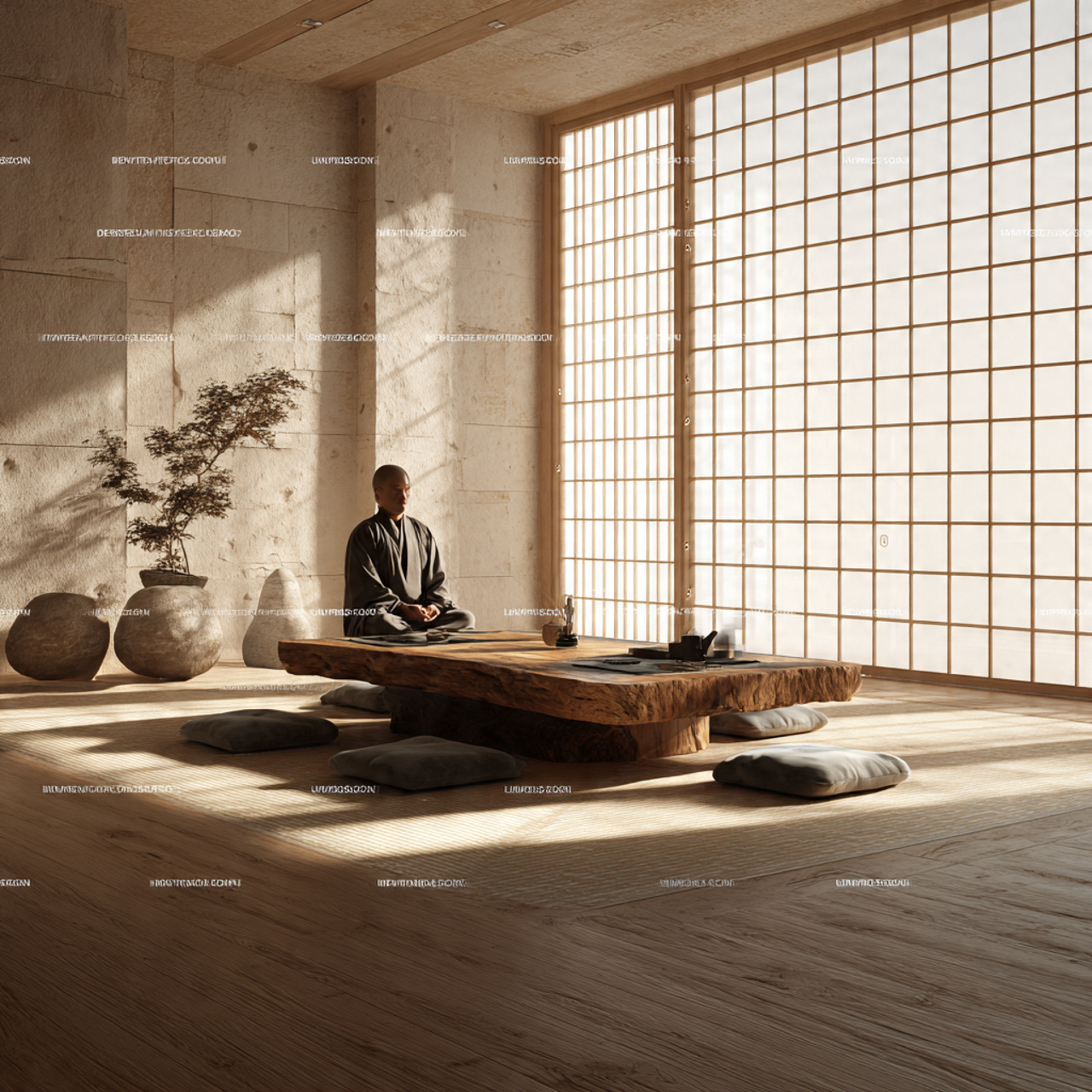 minimalist japanese zen living room with a low pro