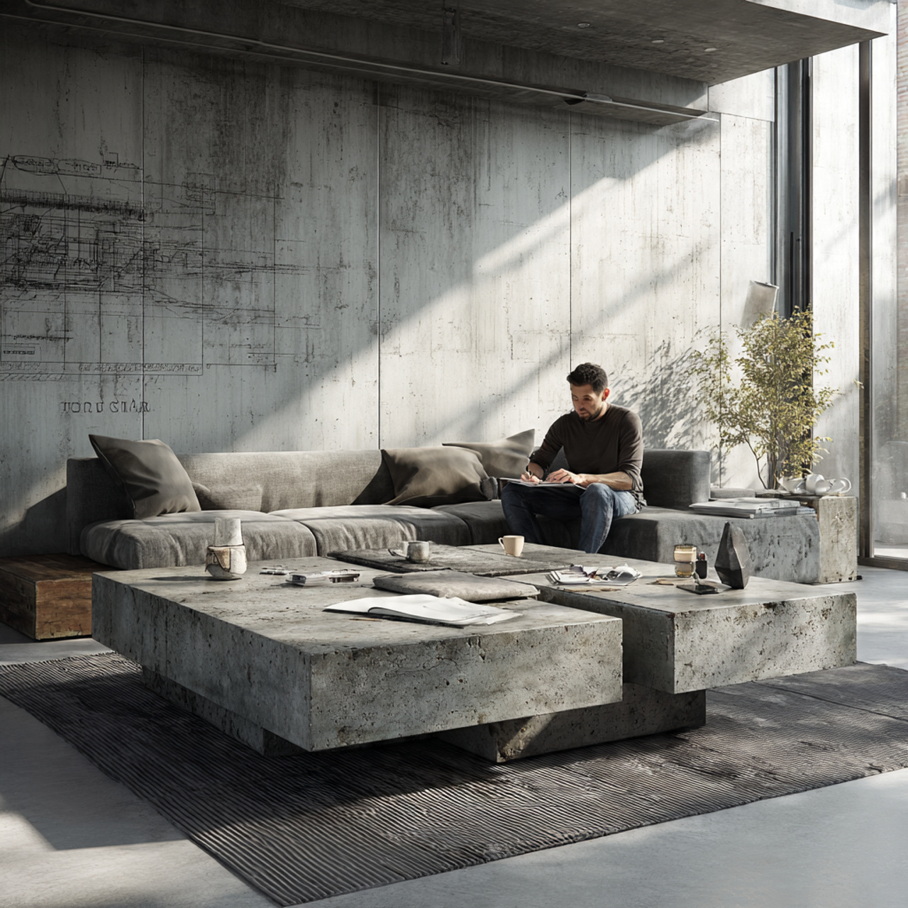 minimalist living room with a brutalist concrete b