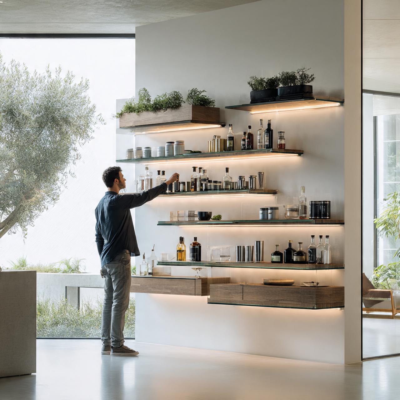 minimalist modern living room with floating wooden