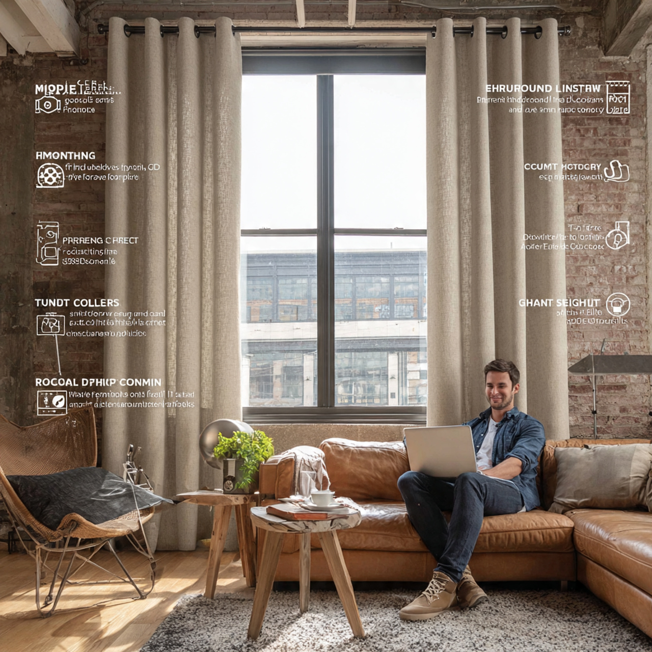 modern industrial living room with grommet top cur