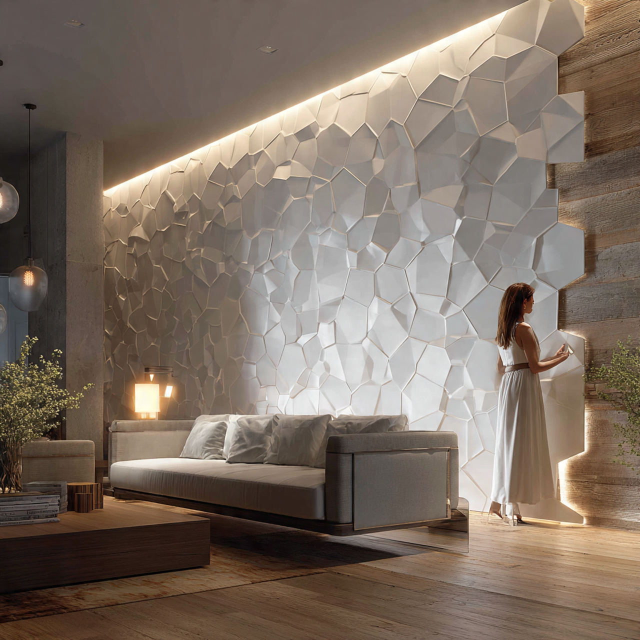 modern living room featuring a sculptural ceramic