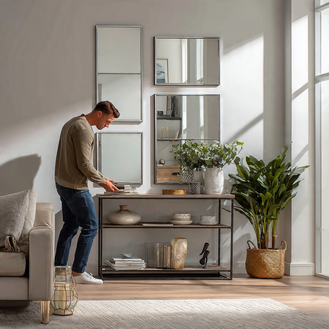 modern living room featuring layered leaner mirror 1