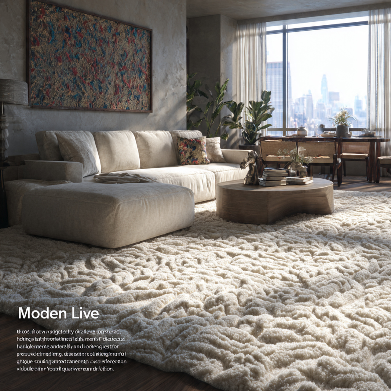 modern living room featuring sculpted high low pil