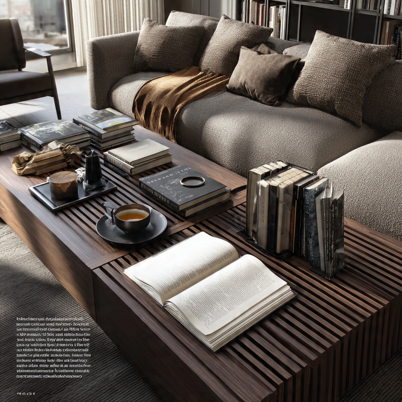 modern living room with a dark walnut slatted tabl