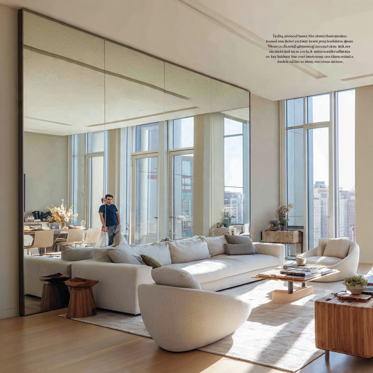 modern living room with a floor to ceiling mirror