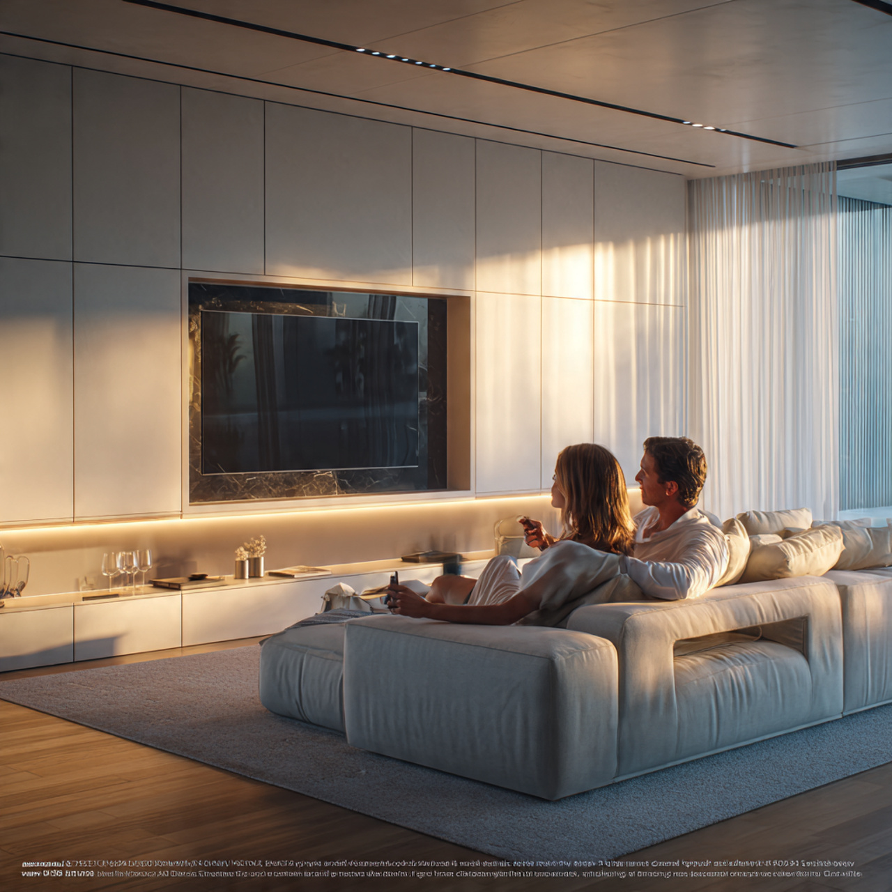 modern living room with a hidden motorized tv risi