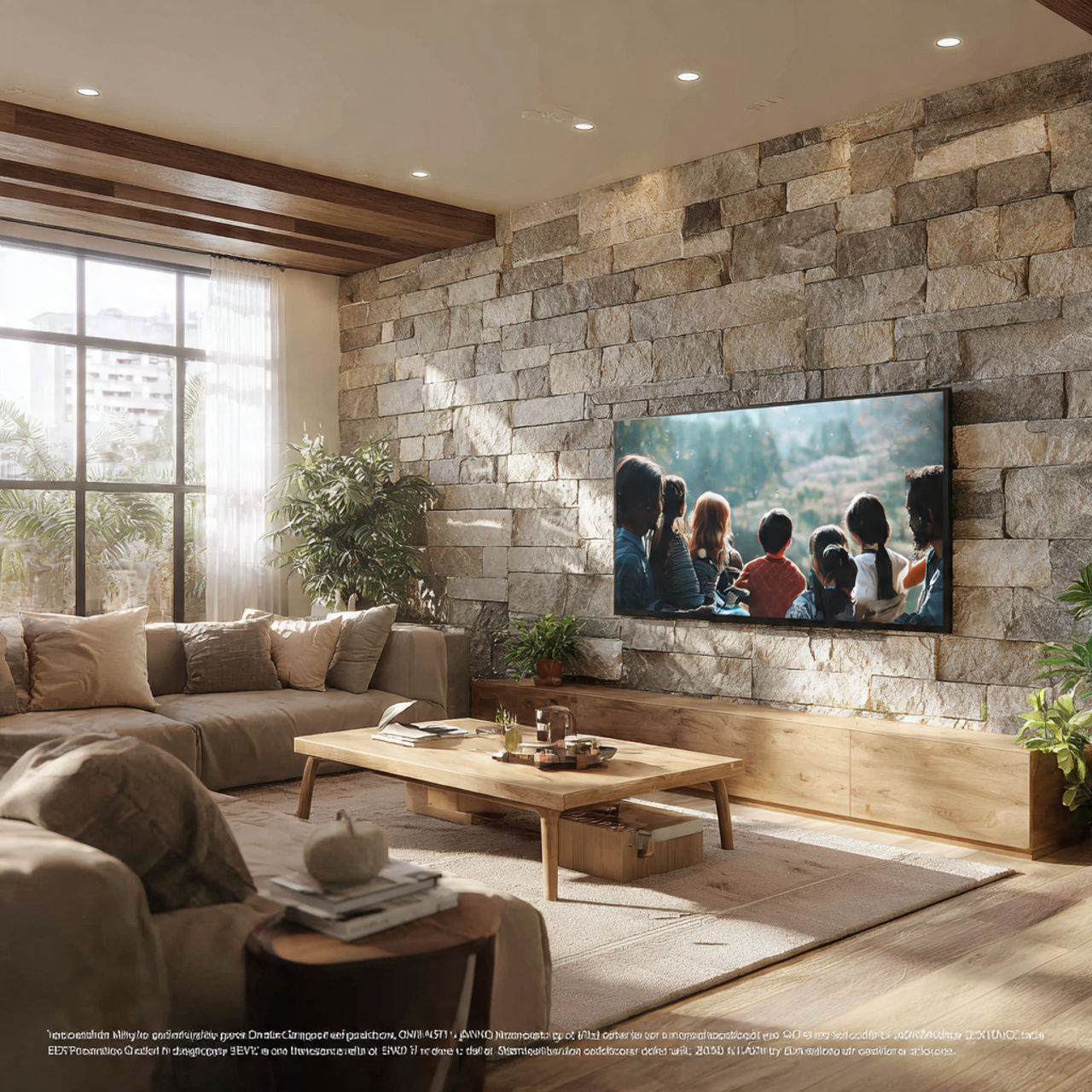 modern living room with a natural stone ledger wal