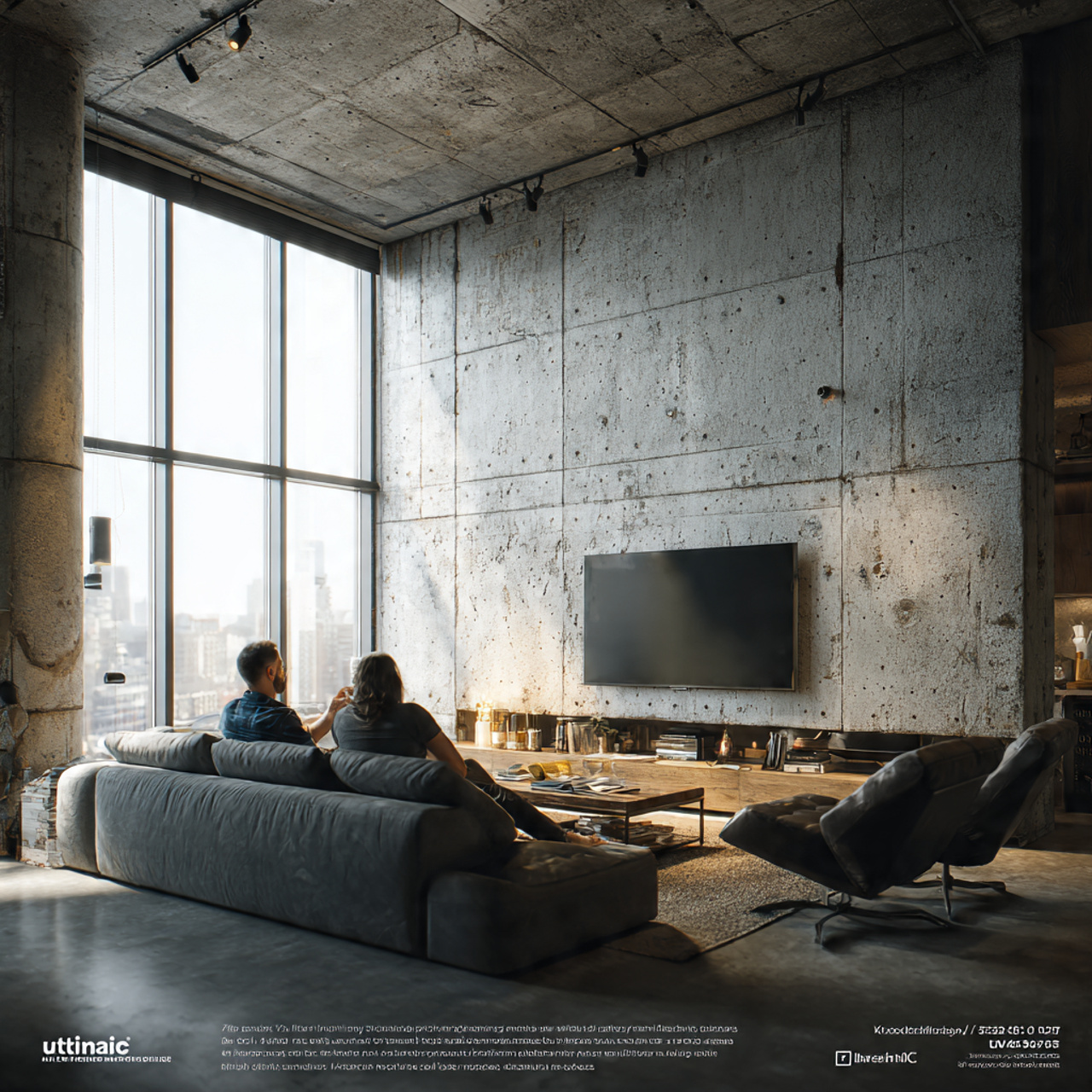 modern living room with a polished concrete wall b