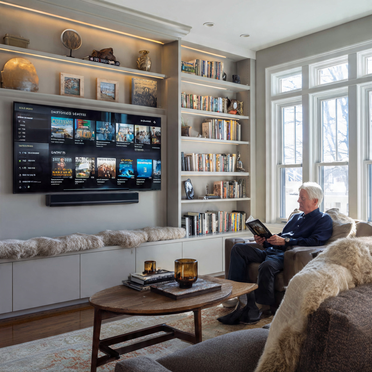 modern living room with a recessed wall niche tv e