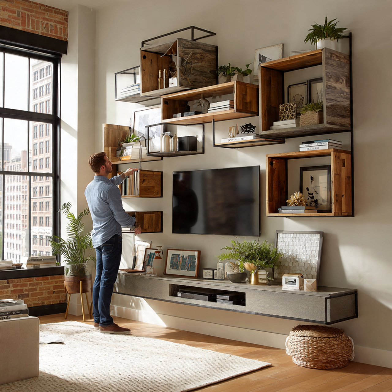 modern living room with asymmetrical geometric she