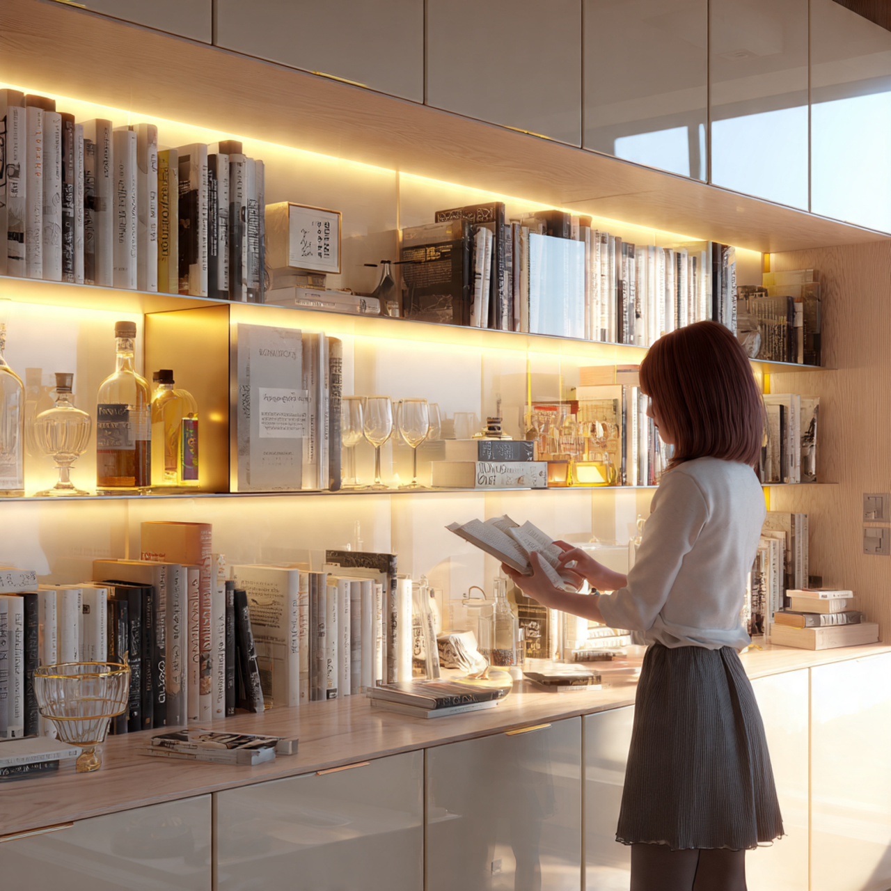 modern living room with built in cabinetry under c